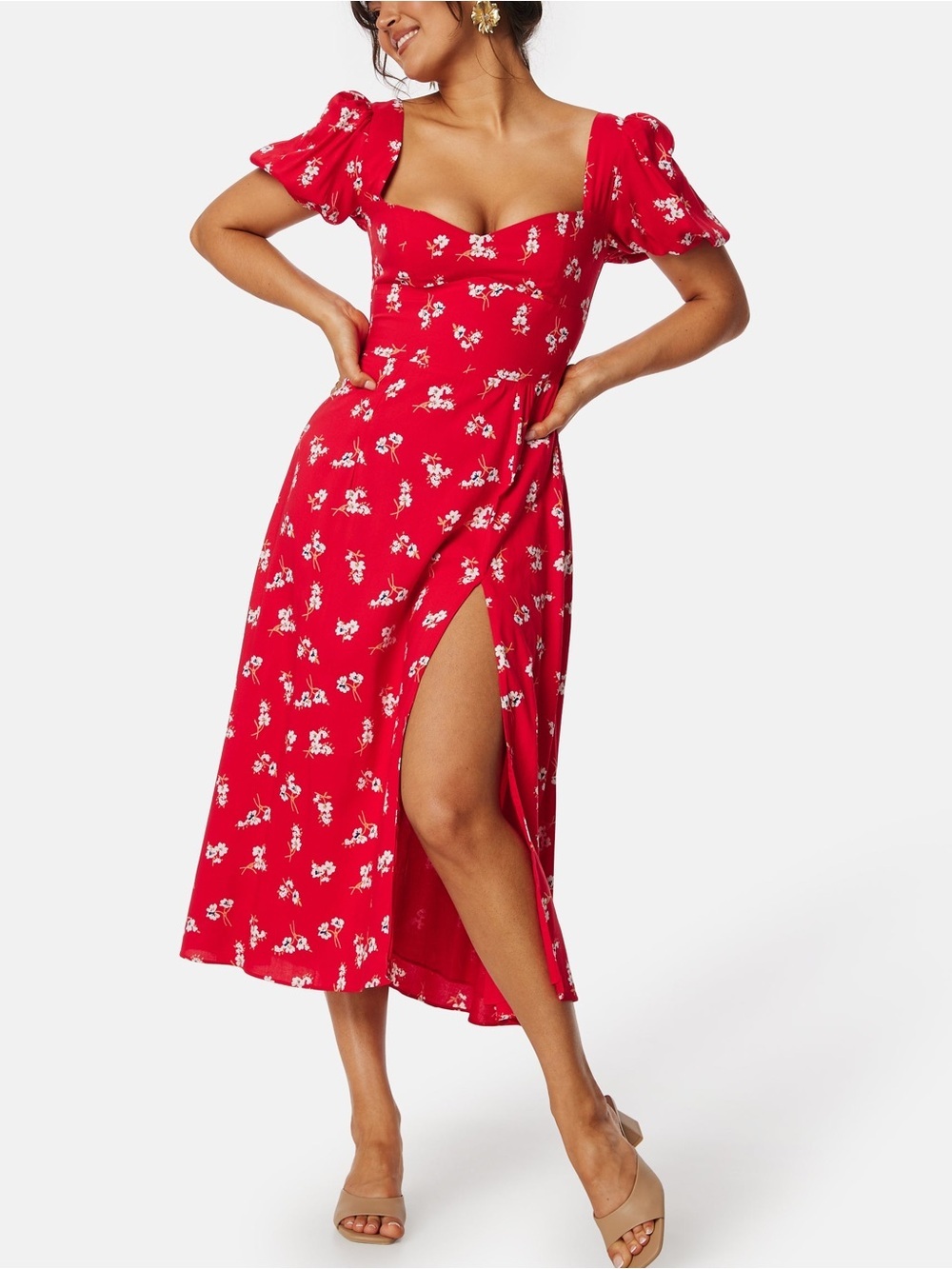 Bardot Gillian Red Floral Puff-Sleeve Midi Dress